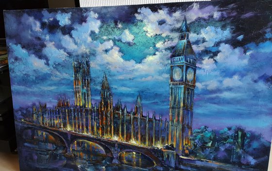 Moonlit Night - London, landscape original oil painting