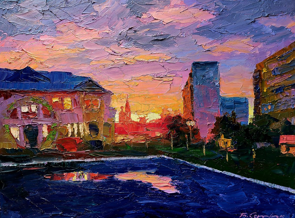 Impressionistic Landscape Oil Painting By Boris Serdyuk, 16 X 12, City Orange Sunset, Original Artwork