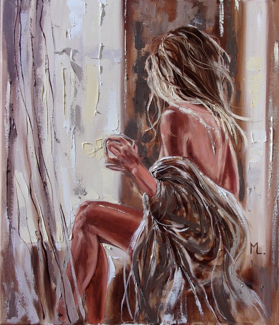 " MISSING YOU ... "-   liGHt  ORIGINAL OIL PAINTING, GIFT, PALETTE KNIFE nude WINDOW