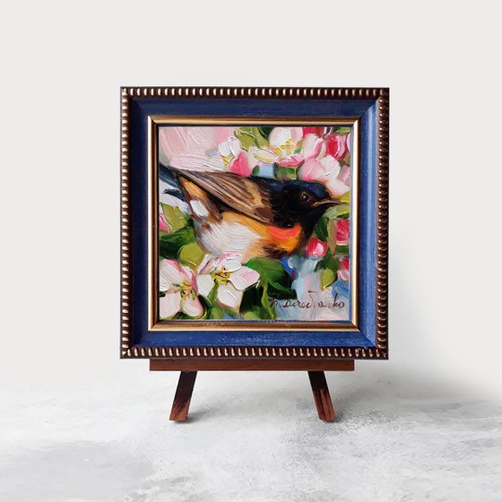 Bird painting original oil 4x4, American redstart bird mini painting, Bird picture framed, Paintings for sale animal painting art