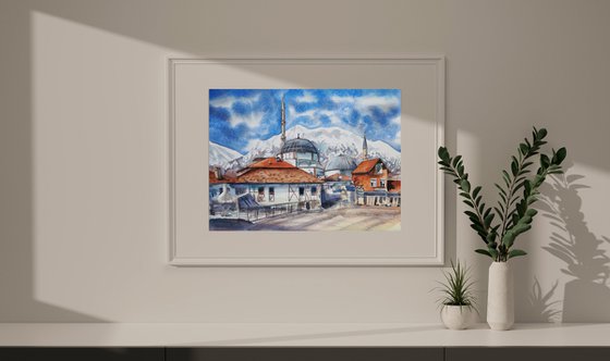 Turkish village in the mountains - landscape original watercolor