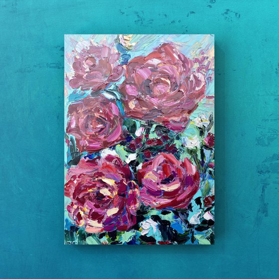 Roses - The burst of pink, 35*45cm, impressionistic flowers oil painting in pink and turquoise