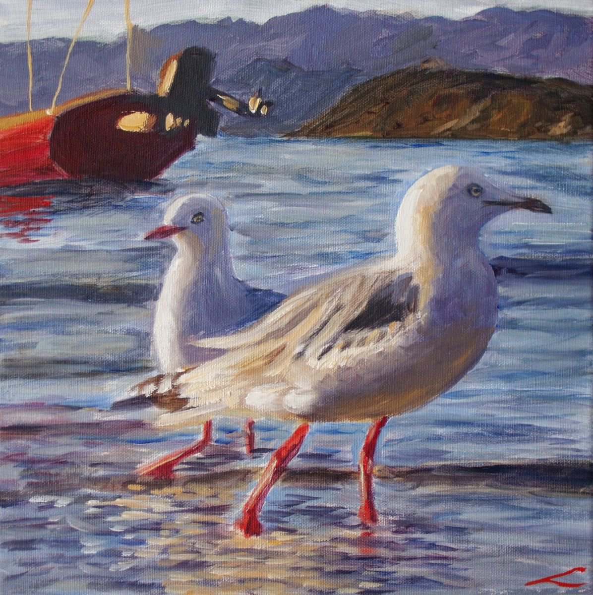 Impressionistic Animal Oil Painting By Elena Sokolova, 12 X 12, Walking Seagulls, Original Artwork