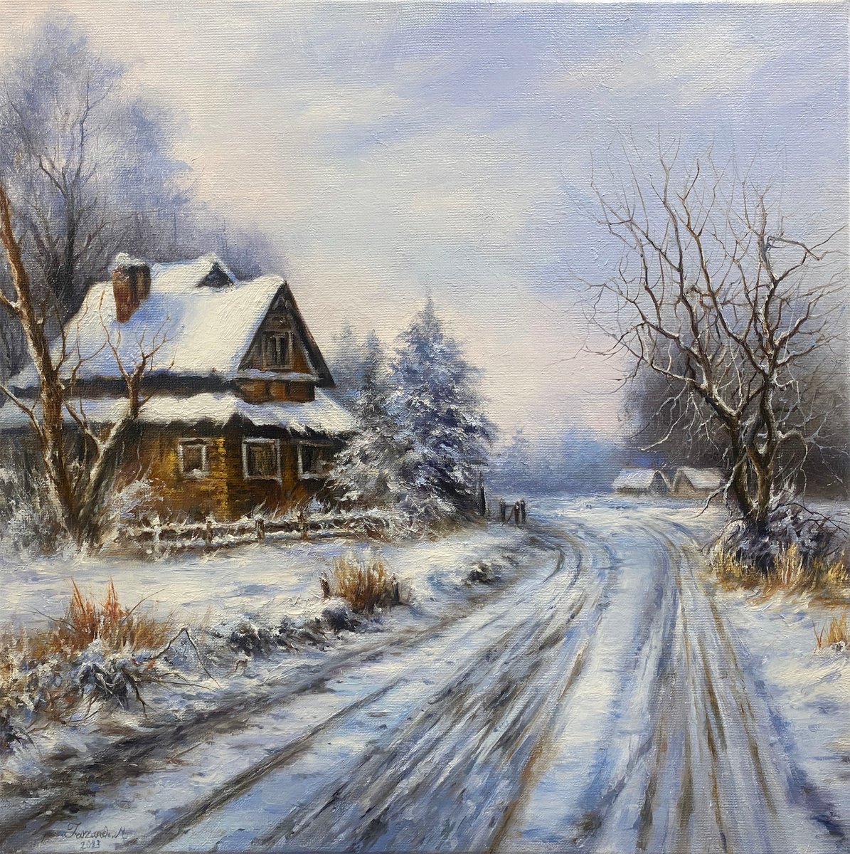 Photorealistic Landscape Oil Painting By Farzaneh Maddahi, 20 X 20, Winter House, Original Artwork