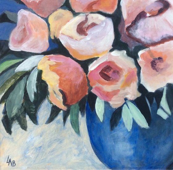 Pink Roses in Blue Vase