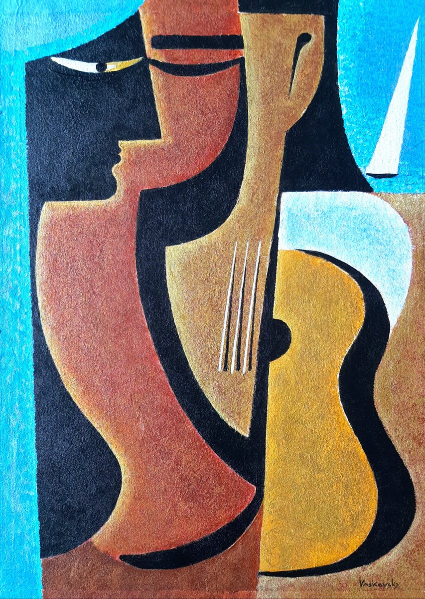 Geometric Abstract Acrylic Painting By Vadim Vaskovsky, 18 X 24", Girl And Guitar, Original Artwork