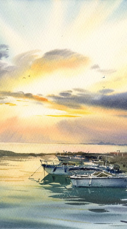 Boats on the pier Sunset #2 by Eugenia Gorbacheva