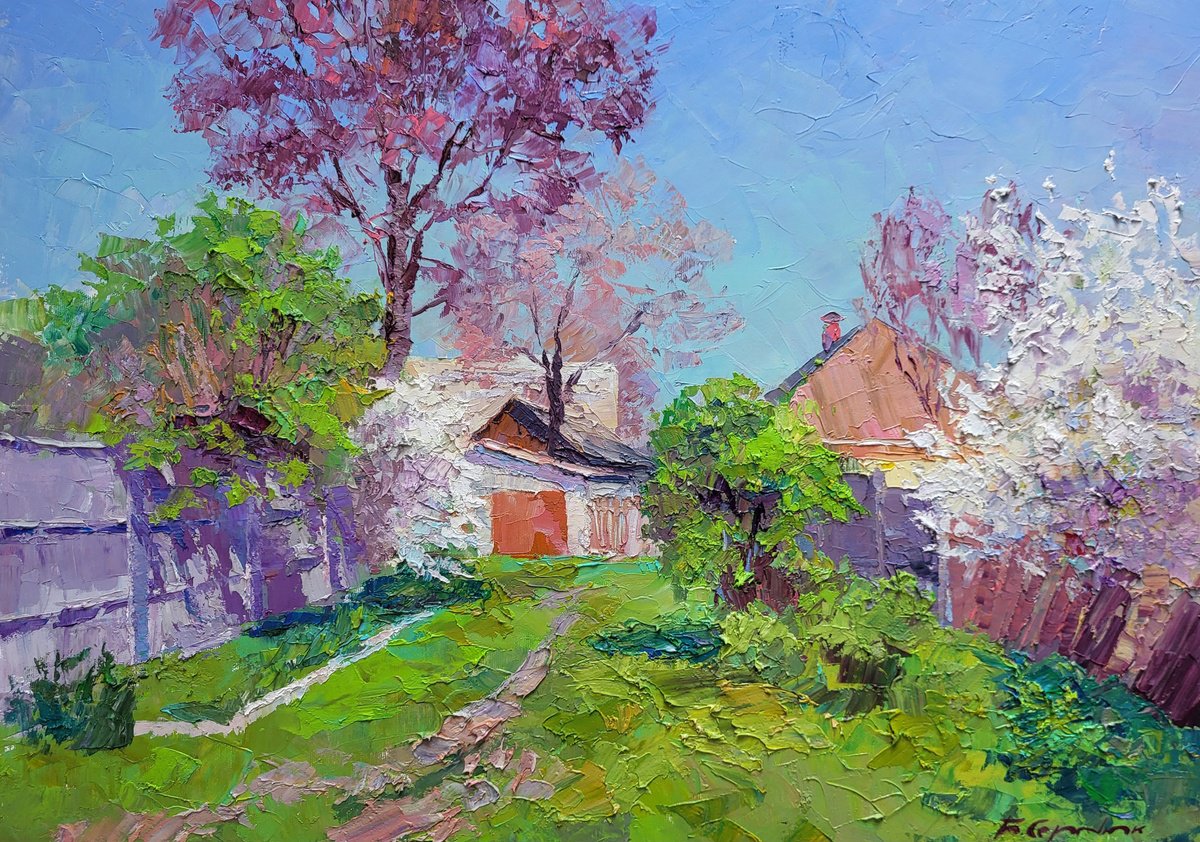 Impressionistic Landscape Oil Painting By Boris Serdyuk, 28 X 20, Flowering Garden, Original Artwork