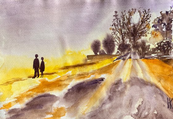 Couple Walking - original watercolor painting