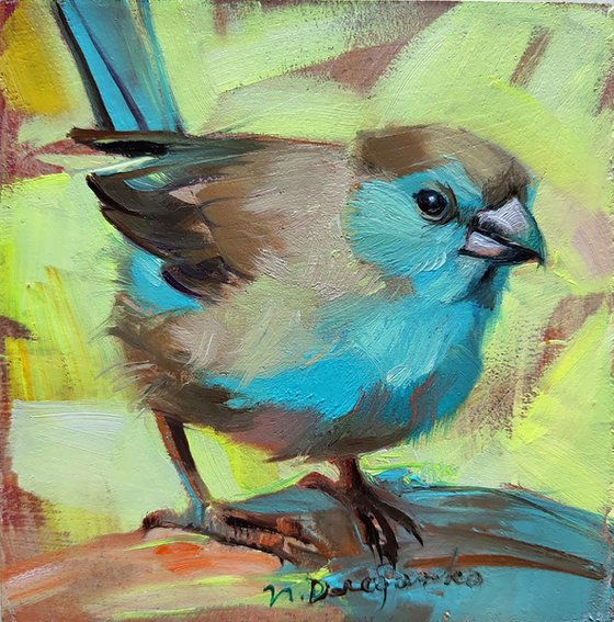 Bird art painting original 4x4, Oil painting turquoise bird, Blue Waxbill bird wall art, Tiny bird picture frame, Bird lovers gift artwork
