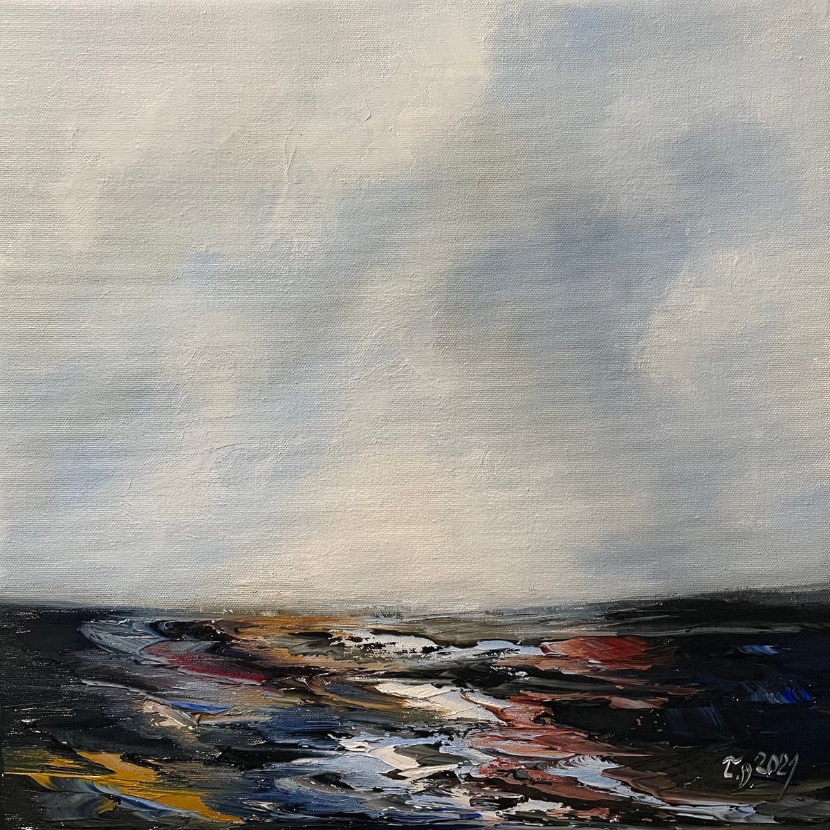 Impressionistic Landscape Oil Painting By Timea Valsami, 16 X 16", Speedy Waves, Original Artwork