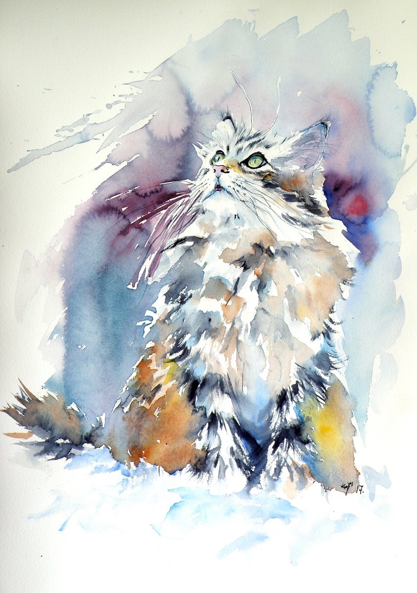 Impressionistic Watercolour , Cat In The Snow By Kovacs Anna Brigitta, 14 X 20, Artwork For Sale On Artfinder