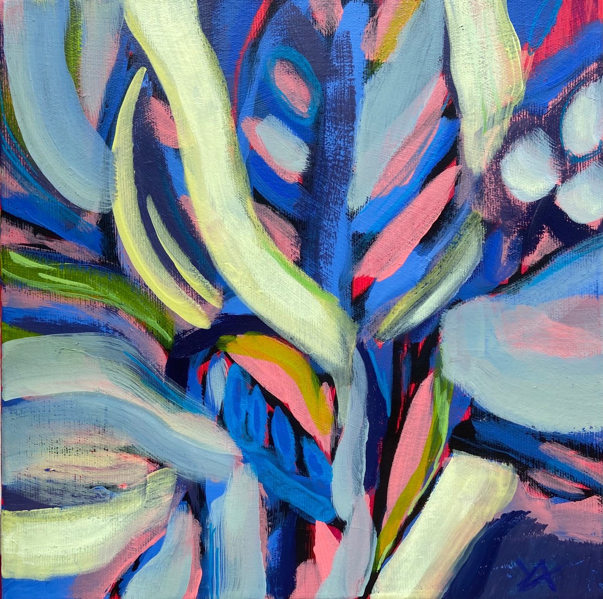 Abstract Botanical Acrylic Painting By Yulia Ani, 12 X 12", Funny Girl