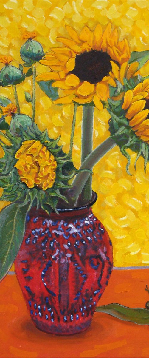 Sunflowers in a Red Vase by Richard Gibson