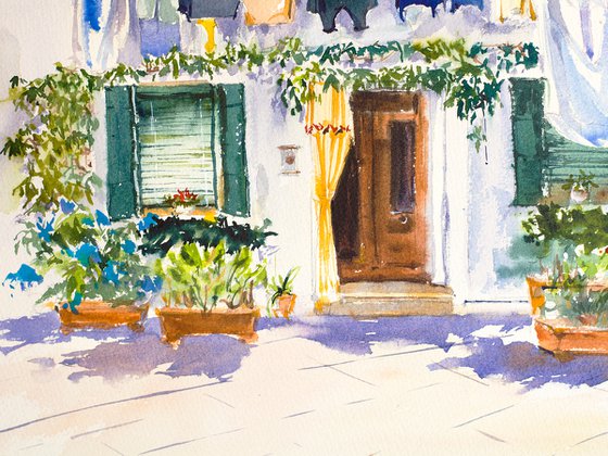 Venice. Burano. Big format watercolor urban landscape Mediterranean italy sea bright architecture old travel