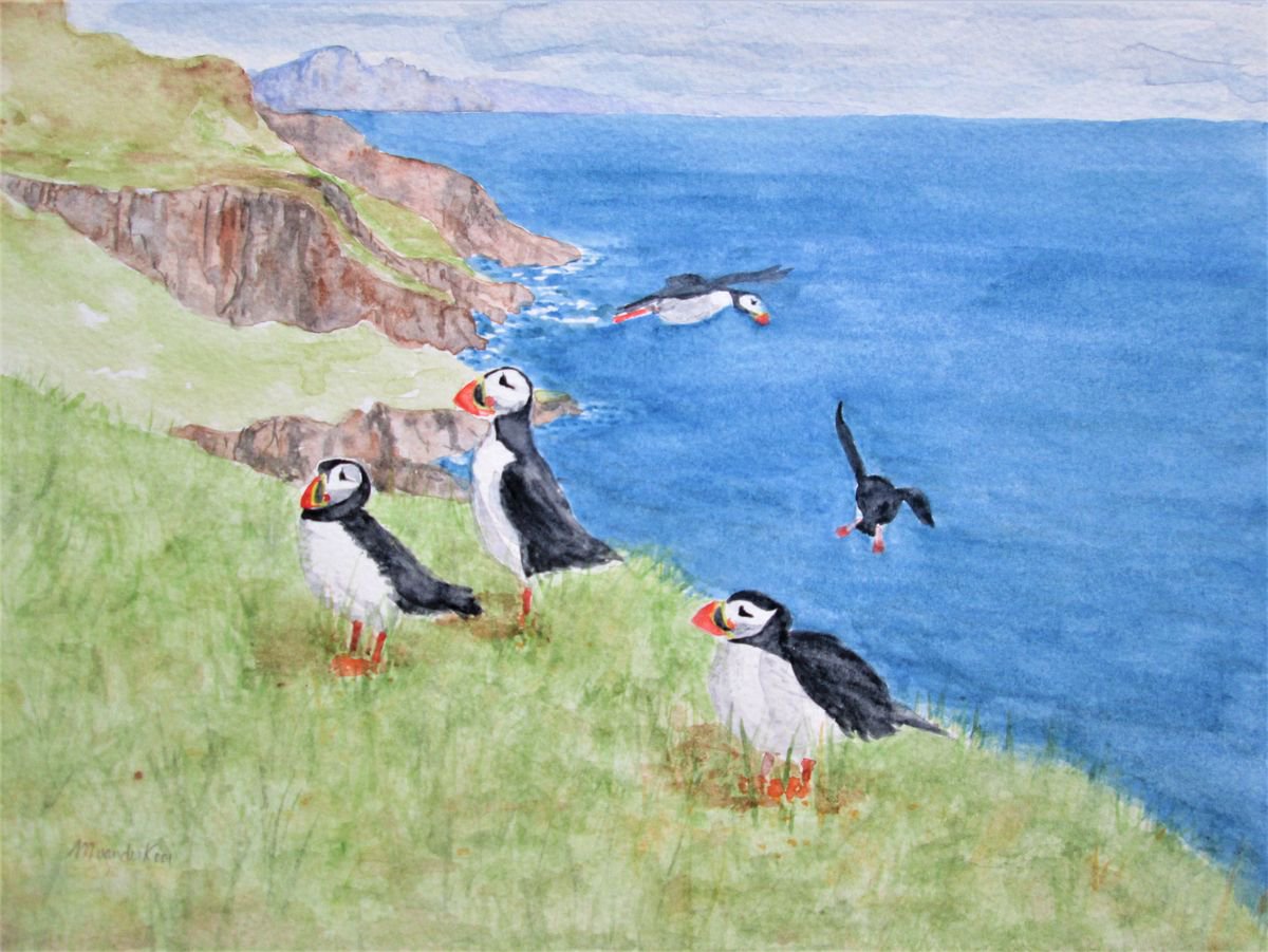 Expressive Animal Watercolour By Marjansart, 12 X 9", Puffins On The Coast, Original Artwork