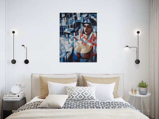 Girl in the hat (60x80cm, cubism, oil painting, ready to hang)