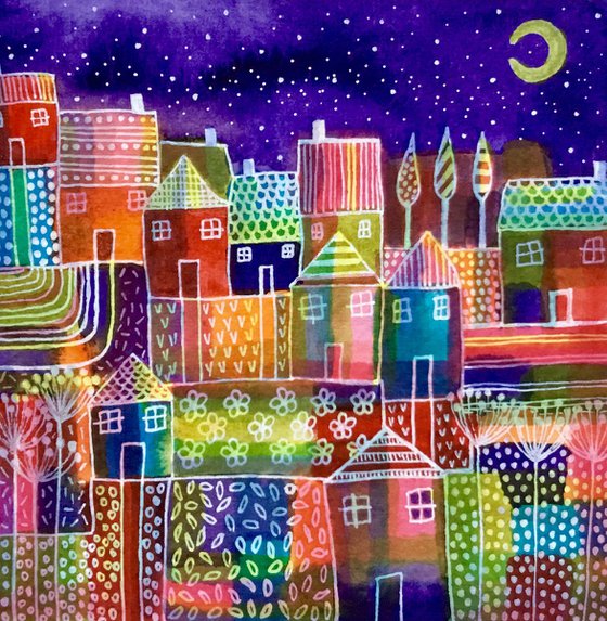 Rainbow City, small watercolour abstract painting