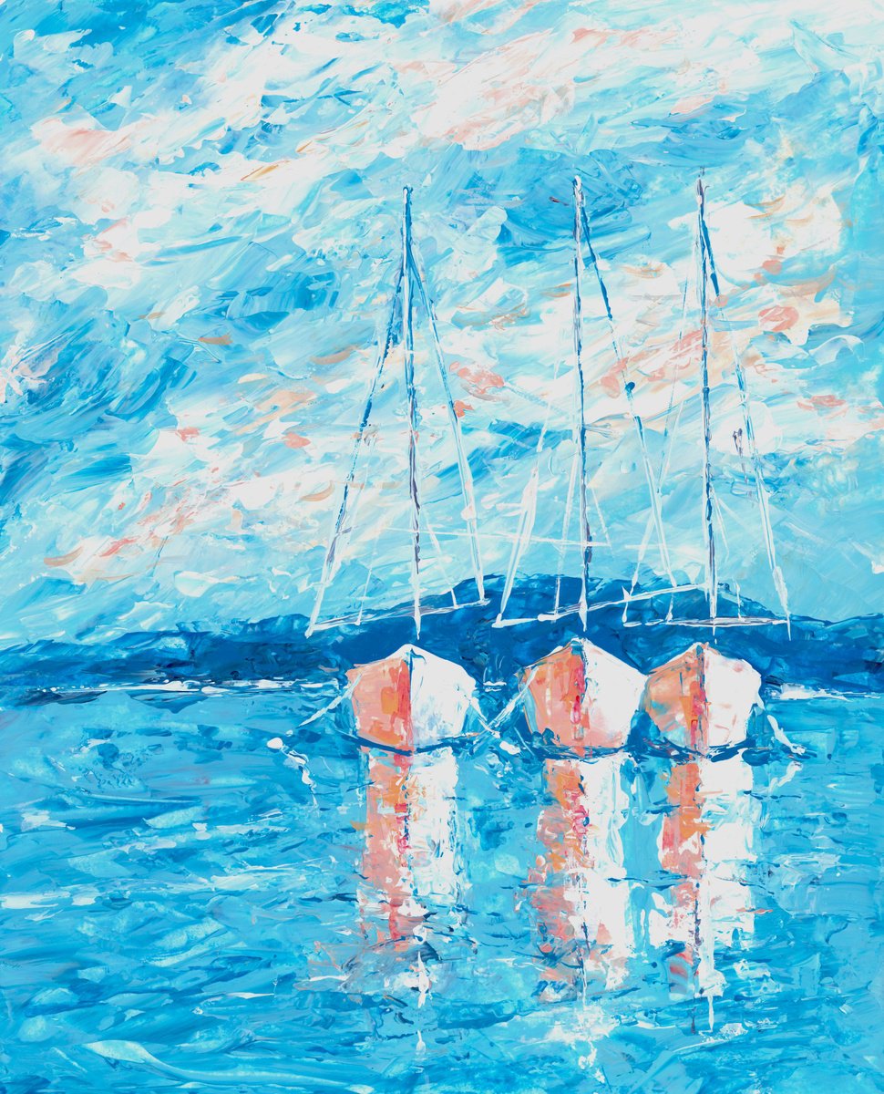 White yachts in blue harbor 24x30 by Liubov Kvashnina