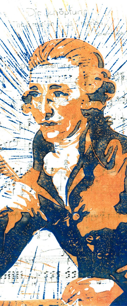 Composers - Haydn - Portrait on notes in orange and blue by Reimaennchen - Christian Reimann