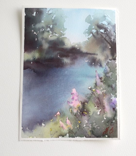 River in the forest, Purple flowers and water in summer