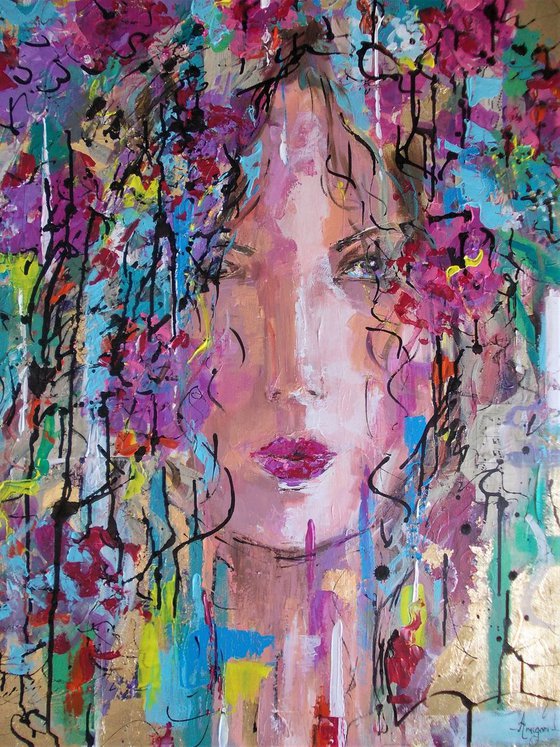 Welcome Spring -Woman portait acrylic painting on canvas