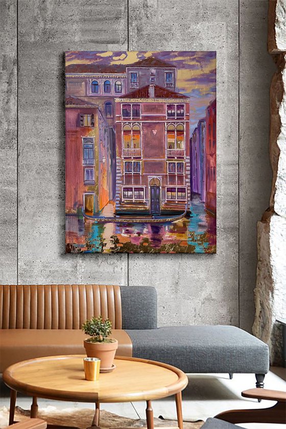 In the windows of Venice. Architecture and cityscape. Street of Venice. Venice oil painting. Big size