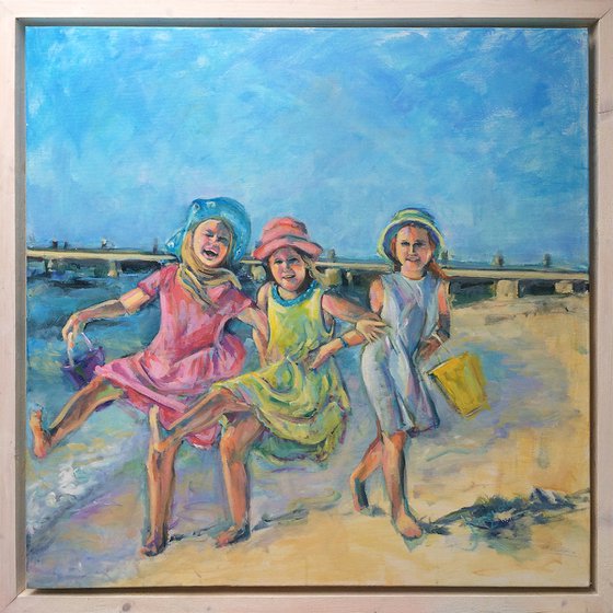 "Girls having fun on the beach"