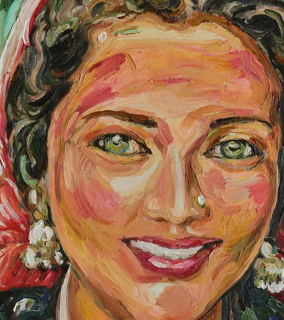 GIRL IN A RED SCARF - portrait of an Indian girl, original painting oil on canvas, smile eyes face love beauty