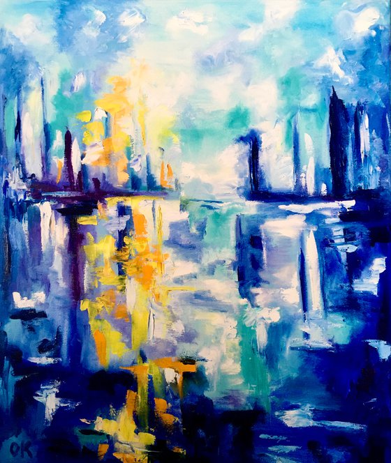 Abstract Blue Dream city, variations of blue colours: ultramarine, navy blue, turquoise, sky blue, cobalt, palette knife original artwork.