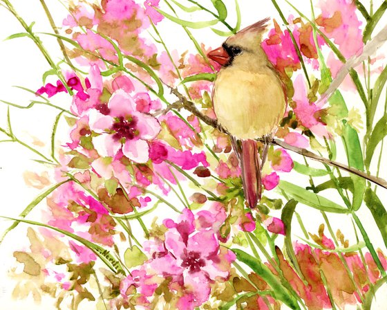 Female Cardinal and Flowers