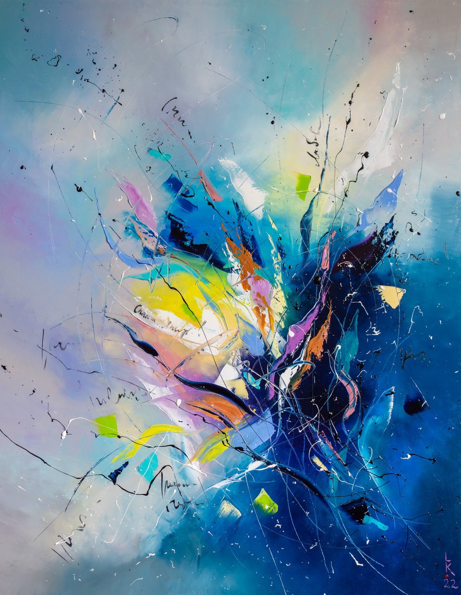 Abstract Oil Painting By Liubov Kuptsova, 28 X 35", Yellow Rose In Blue Ice, Original Artwork