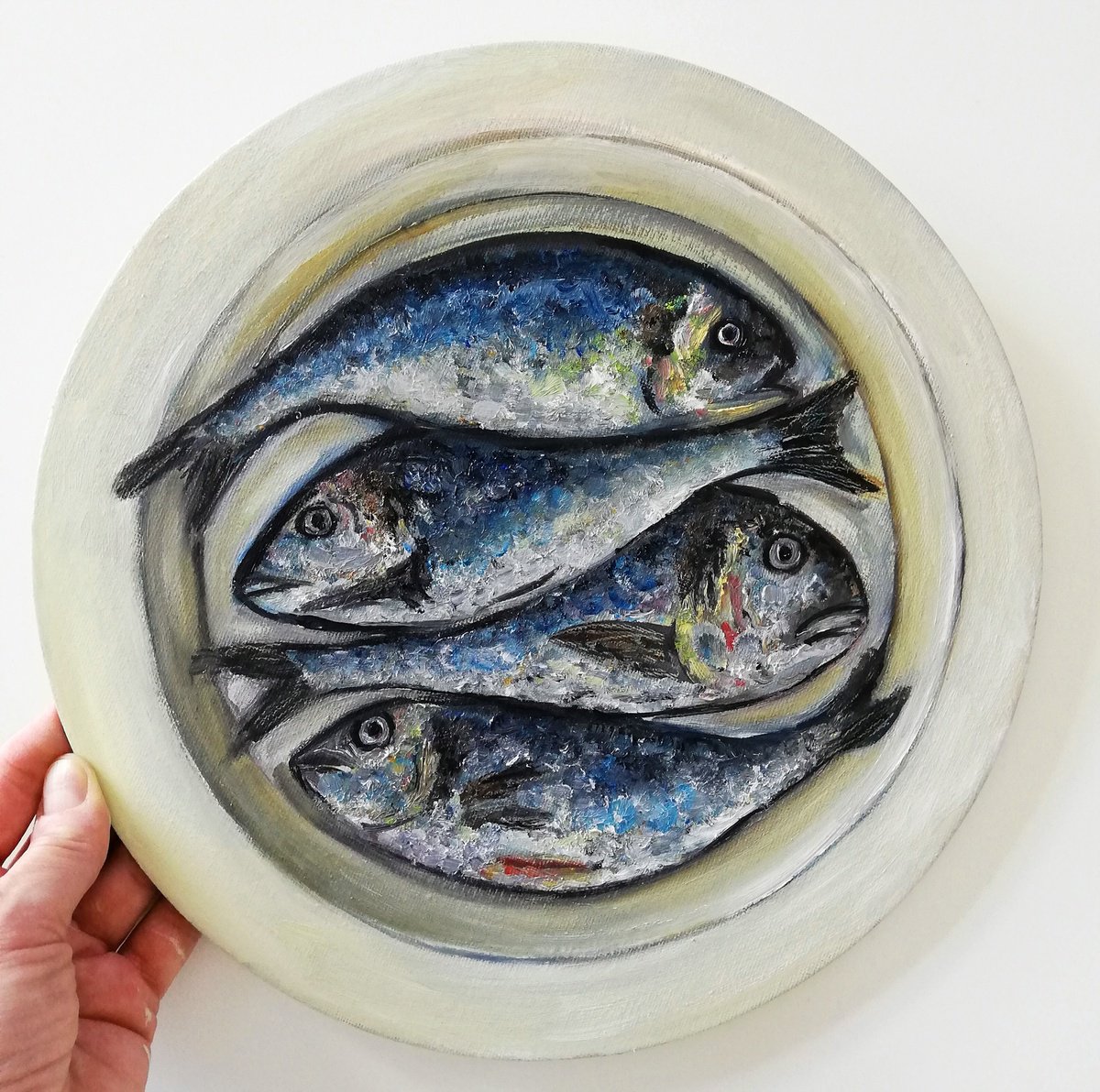 Four Fishes in a Plate Original Oil on Round Canvas Board Painting 12 by 12 inches (30x3... by Katia Ricci