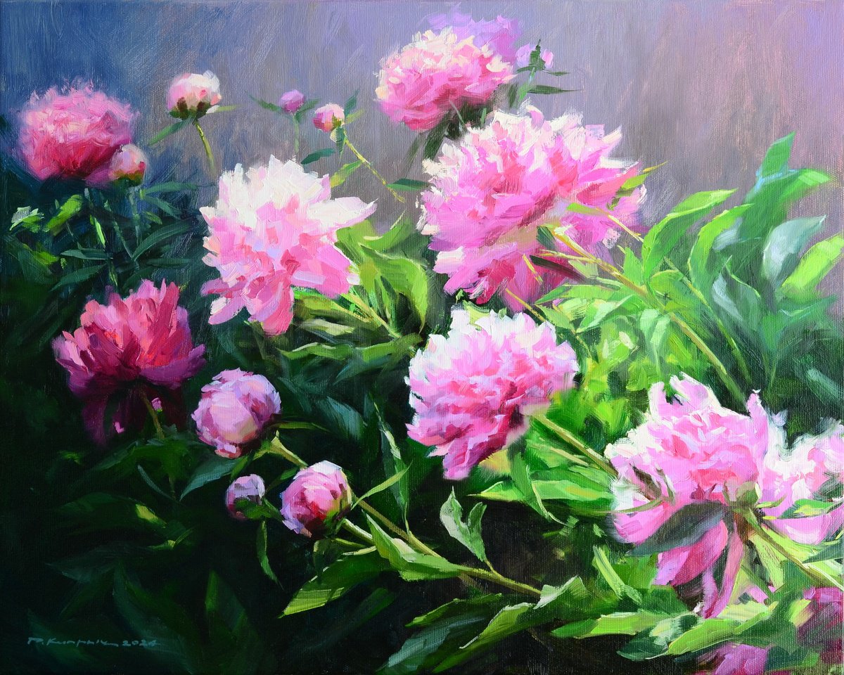 Impressionistic Botanical Oil Painting By Ruslan Kiprych, 20 X 16", Pink Peonies In The Garden, Original Artwork
