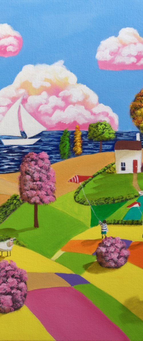 Naive art seaside lighthouse painting by Gordon Bruce