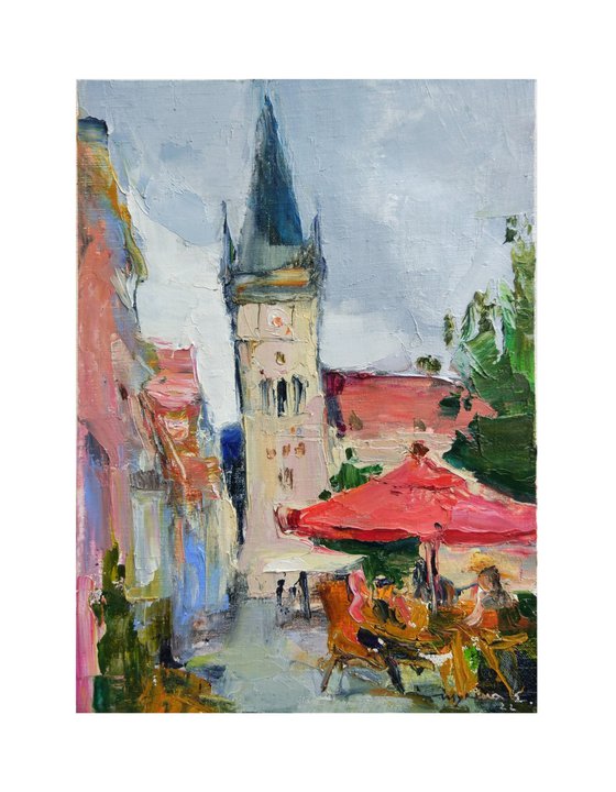 Medieval castle Ancient architecture in Bardejov. Slovakia . Original plain air oil painting