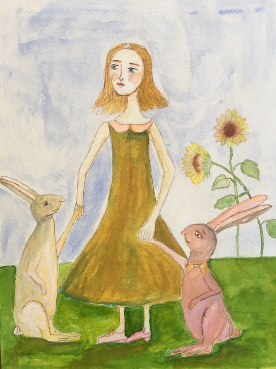 Girl with rabbits, whimsical girl cute rabbit