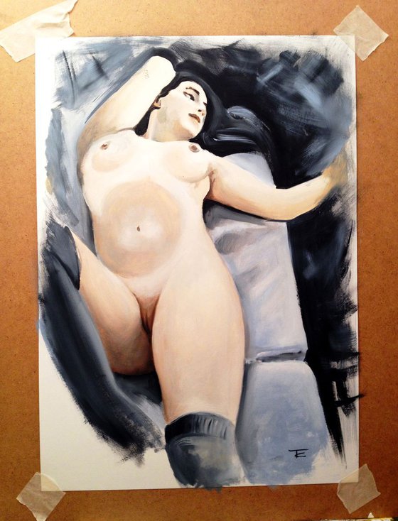 Black hair- original oil painting on paper female nude- 42 x 59 (17' x 23')