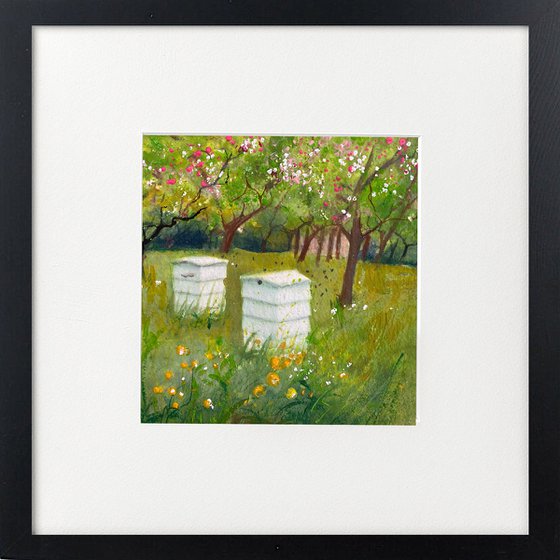 Two bee scenes framed