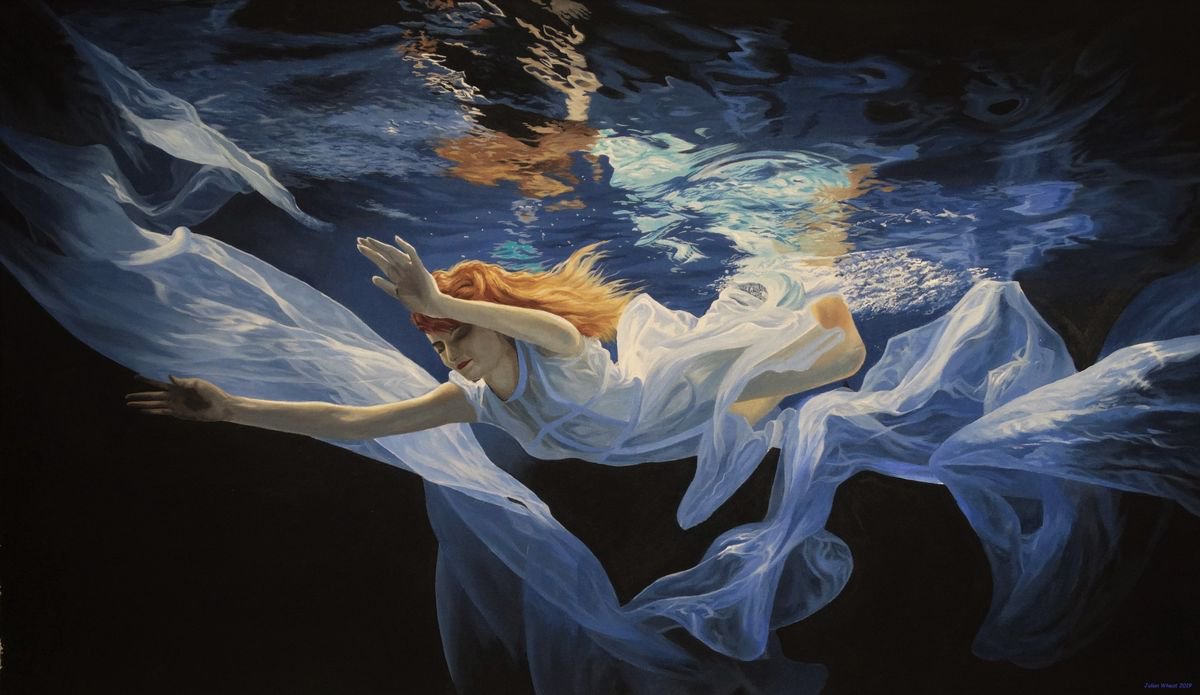 Photorealistic Portrait Acrylic Painting By Julian Wheat, 30 X 18", Dreams In Infinite Depths, Original Artwork