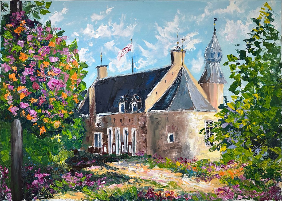 Impressionistic Cityscapes Oil Painting By Oksana Fedorova, 39 X 28", The Netherlands Castle, Original Artwork