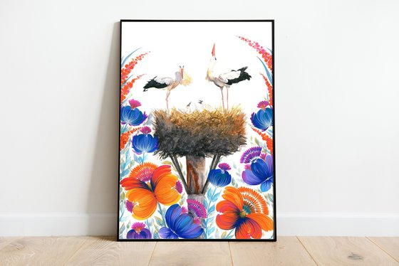 "Nest of Serenity" with a pair of storks in the nest surrounded by a field of lush wild orange, blue flowers