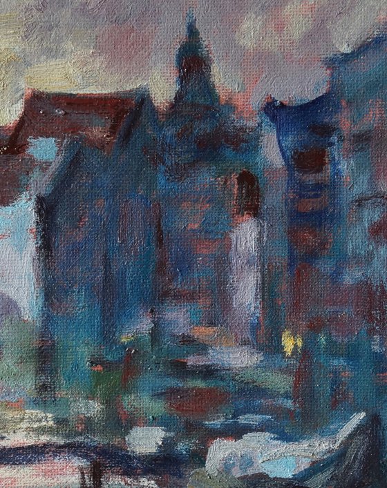 Original Oil Painting Wall Art Signed unframed Hand Made Jixiang Dong Canvas 25cm × 20cm Cityscape Evening in Amsterdam House Small Impressionism Impasto