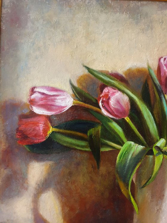 "Spring tulips" still life  metal silver tulip liGHt original painting  GIFT (2019)