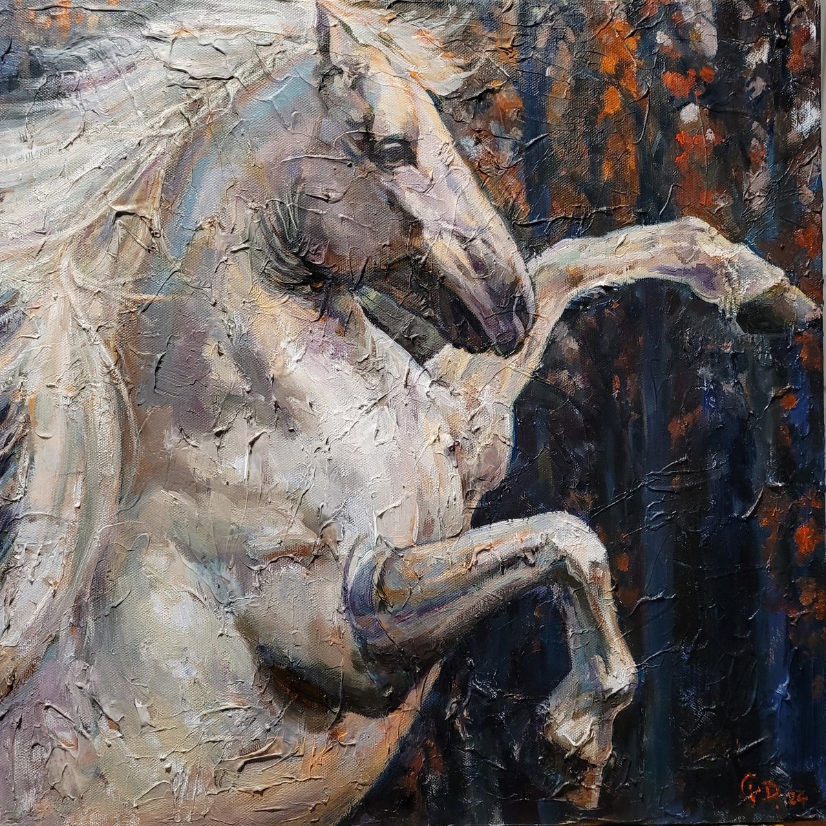 Impressionistic Animal Oil Painting By Qi Debrah, 18 X 18", A White Horse, Original Artwork