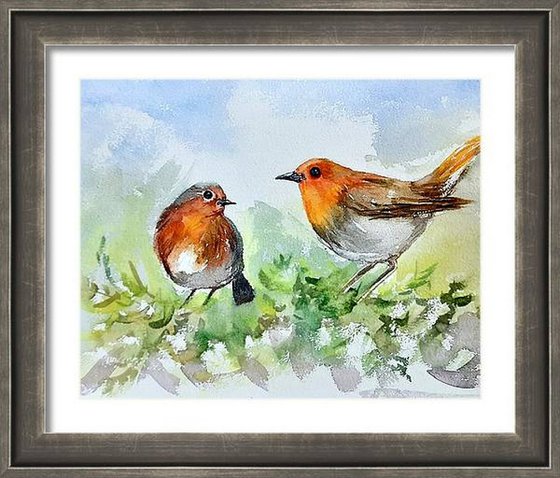 Two Robin birds on a tree