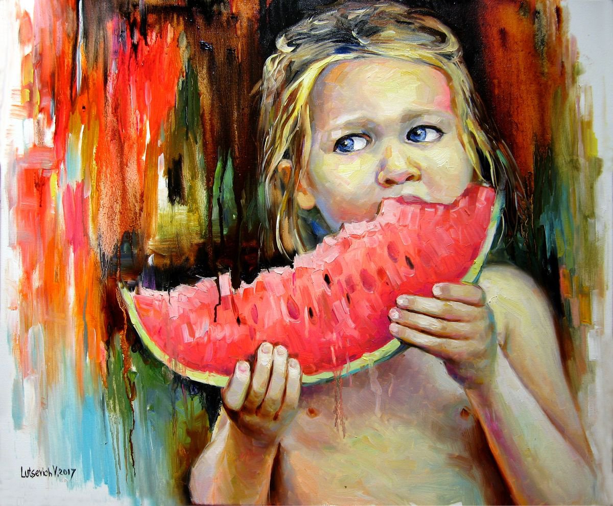 Impressionistic Portrait Oil Painting By Vladimir Lutsevich, 24 X 20", Baby With Watermelon, Original Artwork