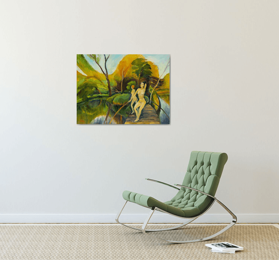 ON THE BRIDGE - woman nude oil painting with two naked girls near the lake bedroom art décor gift idea