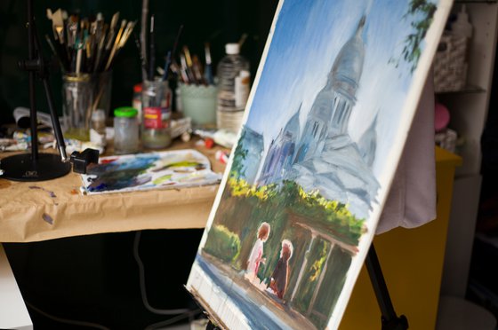 Picnic in Paris. Parisians series. Cityscape with two girls talking in Montmartre Park. Original oil painting. Contrast bright city urban landscape view sun light.