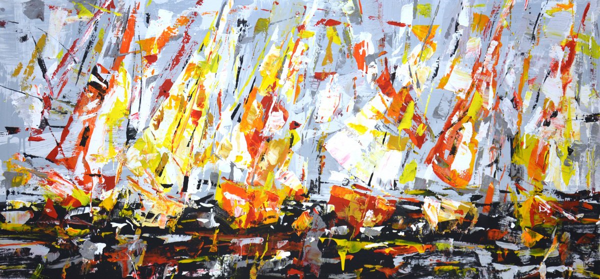 Abstract Transport Acrylic Painting By Iryna Kastsova, 55 X 24, Abstract Regatta 3., Original Artwork